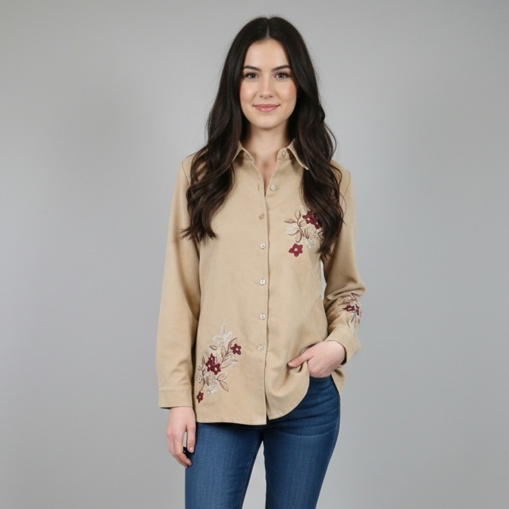 Beige/Tamn Floral Embroidered Button-Up Shirt Size Large